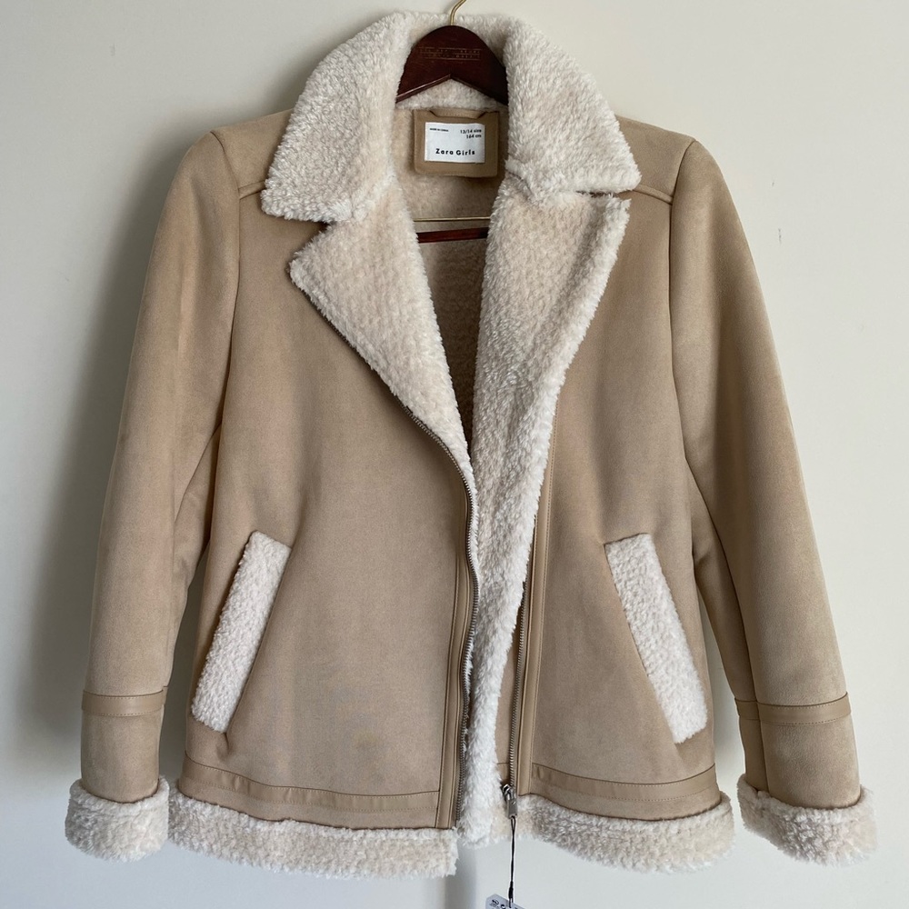 NWT Zara fur-lined beige aviator jacket sherpa furry
